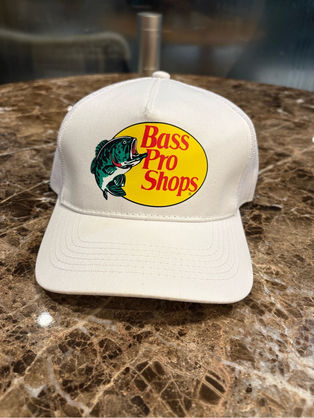 Bass Pro Shops White Trucker Hat with Yellow Logo and Green Fish